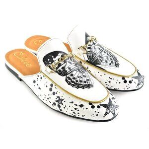 Calceo Black & White Butterfly Print Horsebit Slip On Loafer Shoes Size …